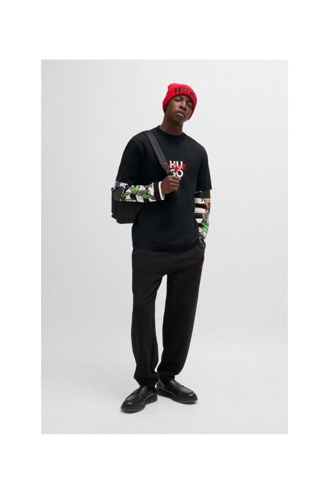 Erkek Kısa Kollu Çift Logolu Rahat Kesim Siyah T-Shirt 50521076-001 Siyah - S