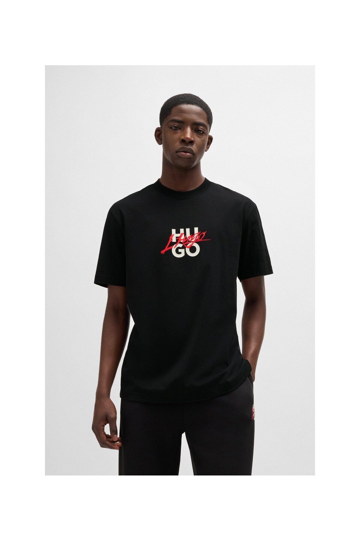 Erkek Kısa Kollu Çift Logolu Rahat Kesim Siyah T-Shirt 50521076-001