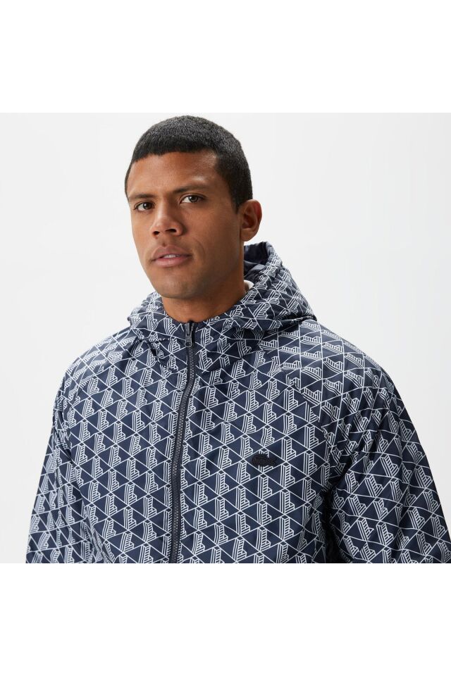 Erkek Kapüşonlu Monogram Çift Taraflı Lacivert Bomber Ceket