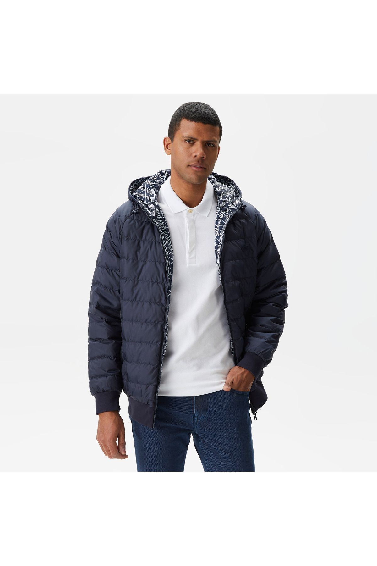 Erkek Kapüşonlu Monogram Çift Taraflı Lacivert Bomber Ceket