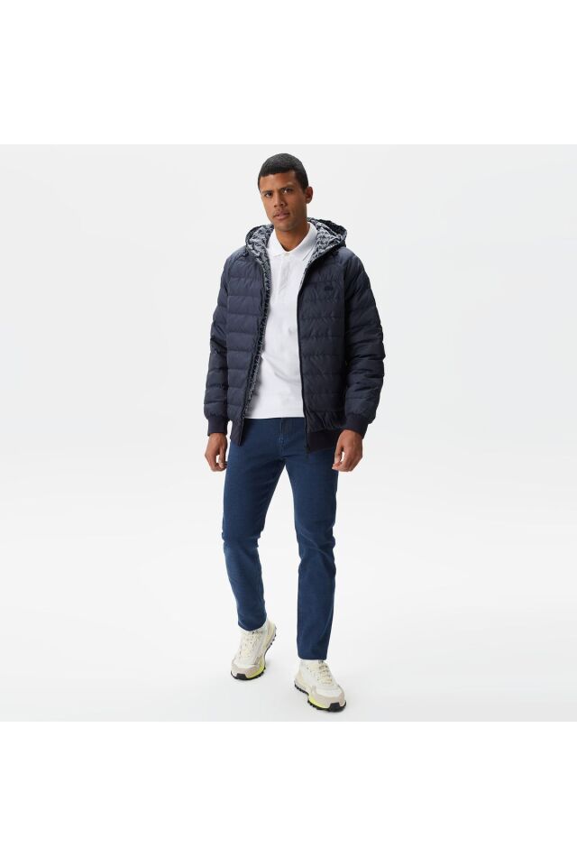 Erkek Kapüşonlu Monogram Çift Taraflı Lacivert Bomber Ceket