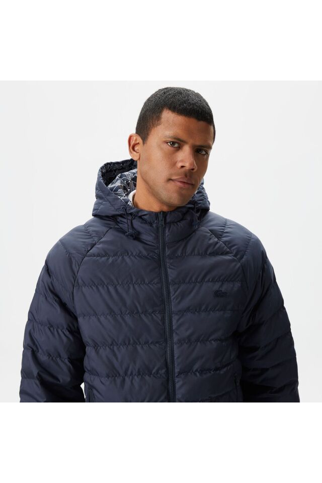 Erkek Kapüşonlu Monogram Çift Taraflı Lacivert Bomber Ceket