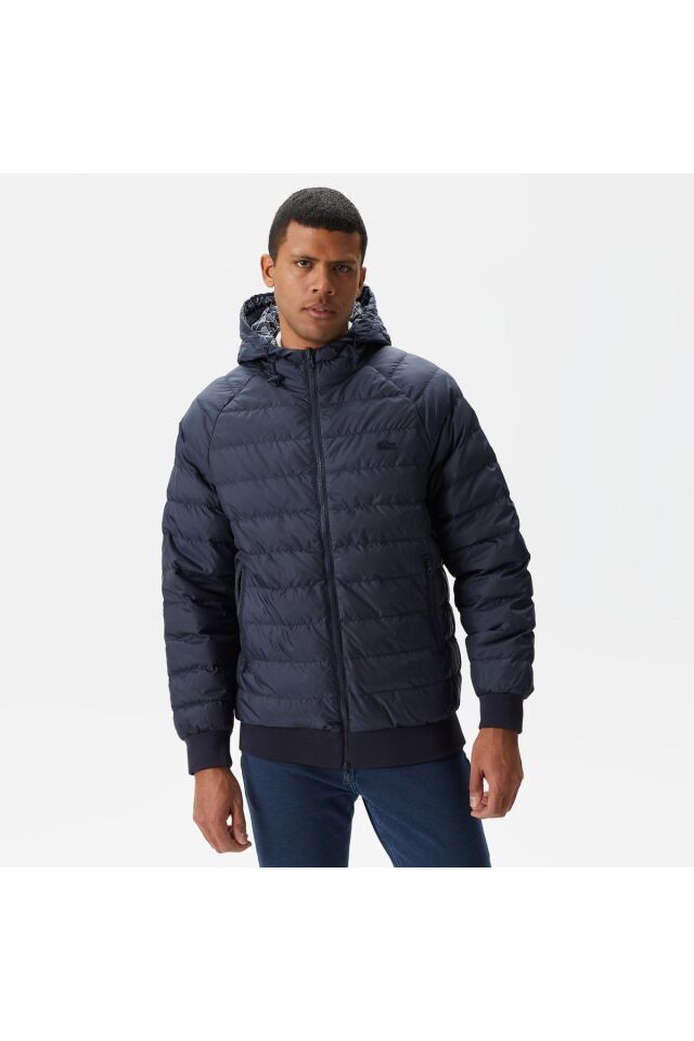 Erkek Kapüşonlu Monogram Çift Taraflı Lacivert Bomber Ceket